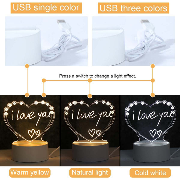 Konsalz 3D Illusion LED Night Lamp with Heart Shaped Acrylic Board, 3 Colours Night Light, Ideal for Christmas, New Year, Valentine's Day, 1 Writing Pen with Brush, USB Operated