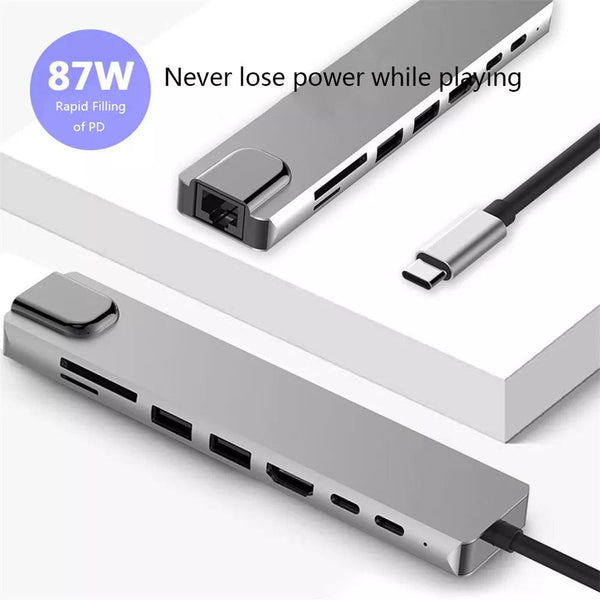 Konsalz USB C HUB 8 in 1 Multi-Port Adaptor, Power Delivery, Multimedia and Data Transfer Ports | 1 Ethernet RJ-45, 1 SD and 1 TF Card Readers, 2 USB 3.0, 1 HDMI 4K, 1 PD Charging, and 1 Type-C - Konsalz